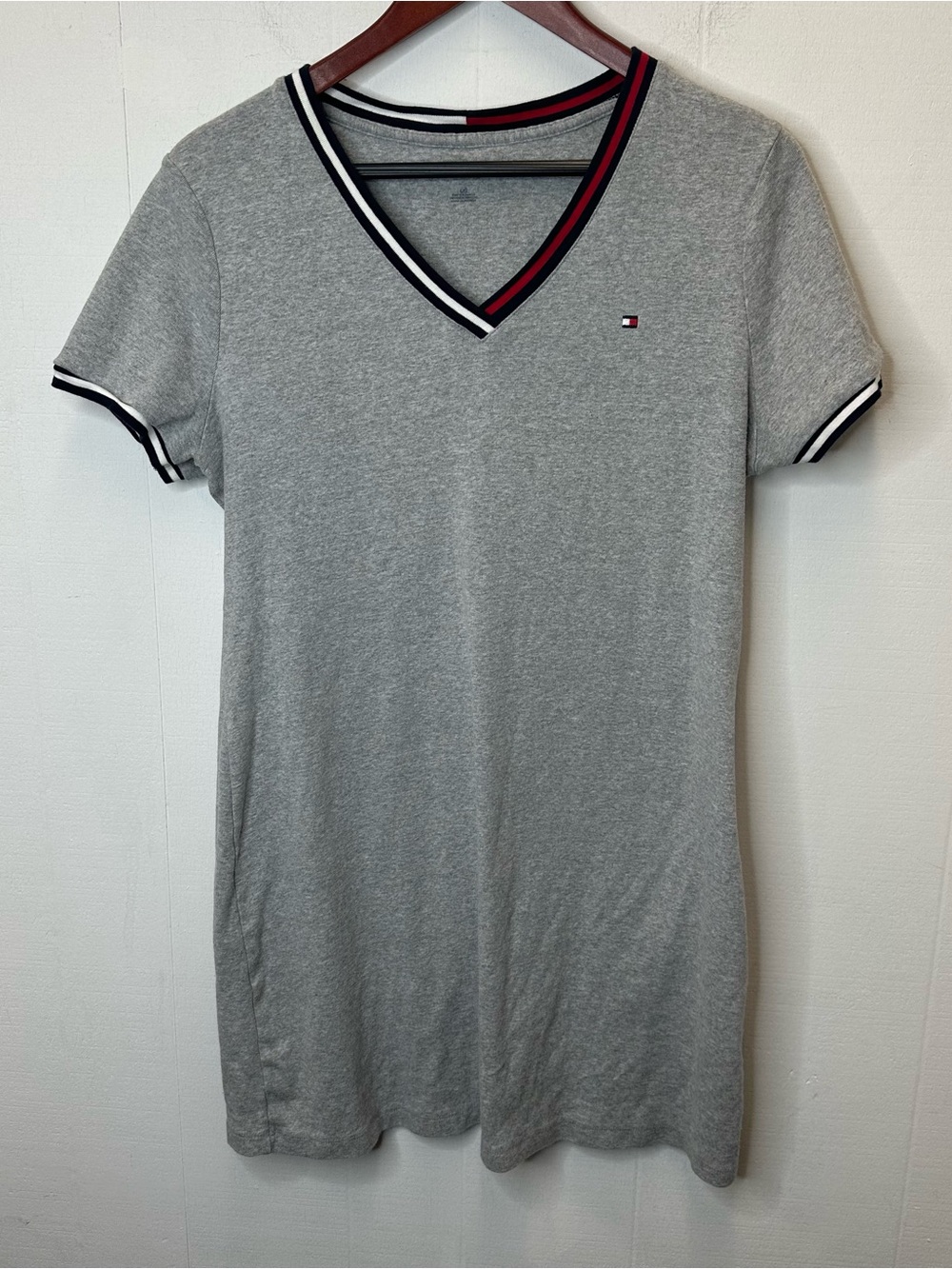 Tommy Hilfiger Large Gray V-Neck Tee Dress with Red, White and Navy Trim